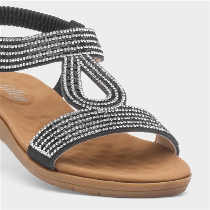 Womens Black Diamante T-Bar Slip On Sandal
