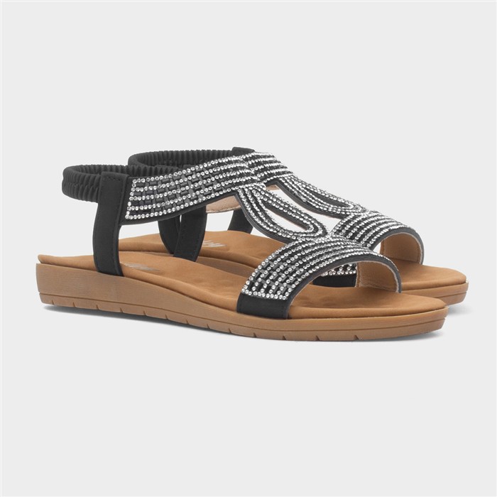 Womens Black Diamante T-Bar Slip On Sandal