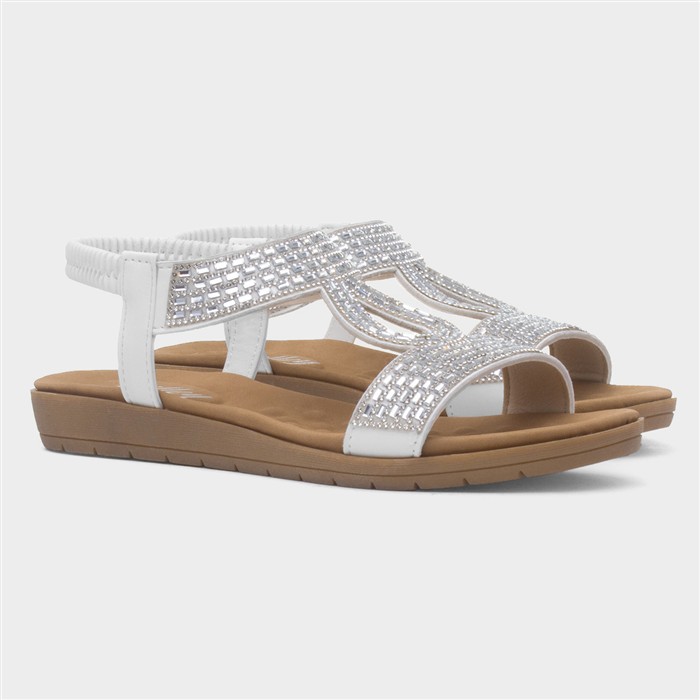 Womens White Diamante T-Bar Slip On Sandal