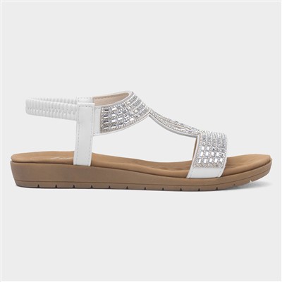 Womens White Diamante T-Bar Slip On Sandal