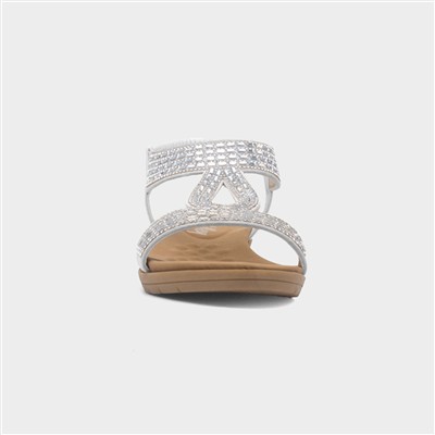 Womens White Diamante T-Bar Slip On Sandal