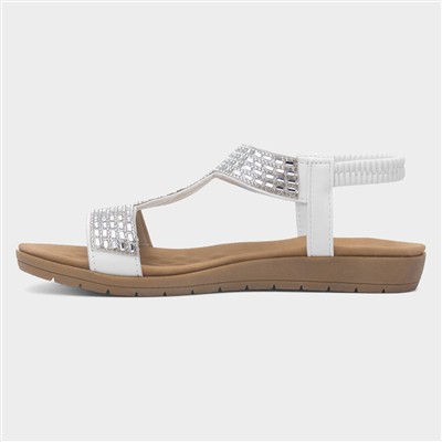 Womens White Diamante T-Bar Slip On Sandal
