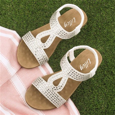 Womens White Diamante T-Bar Slip On Sandal