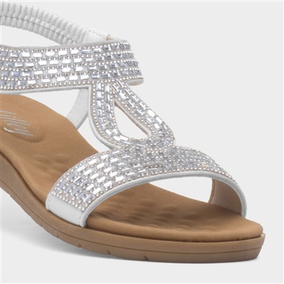 Womens White Diamante T-Bar Slip On Sandal