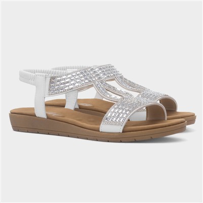Womens White Diamante T-Bar Slip On Sandal