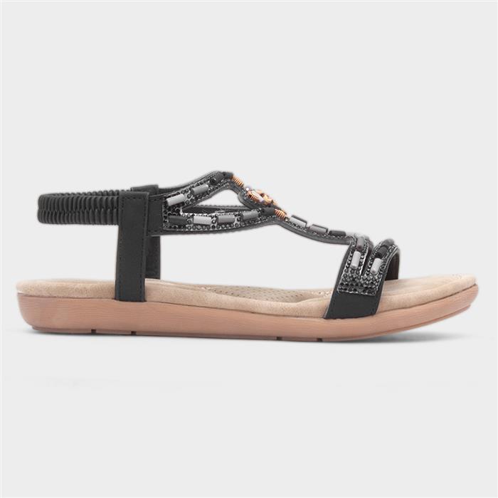 Womens Black Beaded Strappy Slip On Sandal