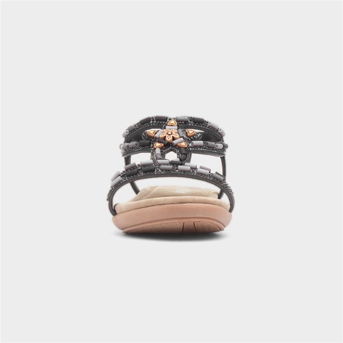 Womens Black Beaded Strappy Slip On Sandal