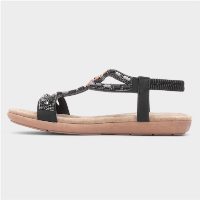 Womens Black Beaded Strappy Slip On Sandal