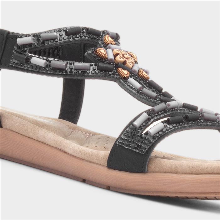 Womens Black Beaded Strappy Slip On Sandal
