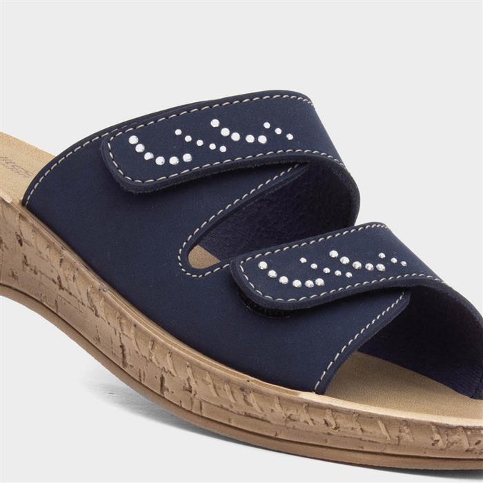 Womens Navy Wedge Diamante Mule Sandal
