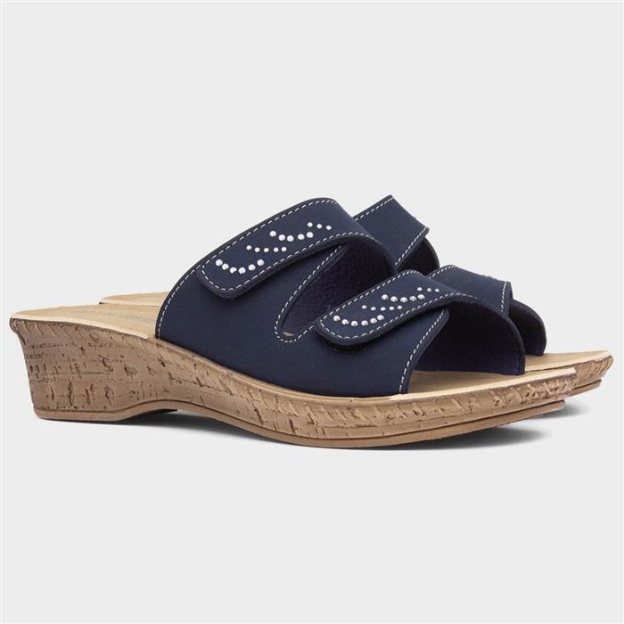 Womens Navy Wedge Diamante Mule Sandal