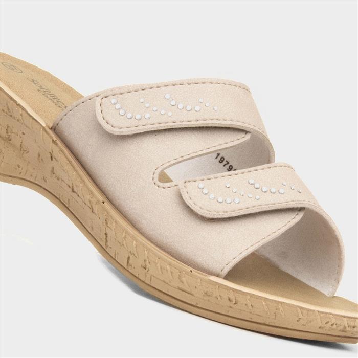Womens Beige Wedge Diamante Mule Sandal