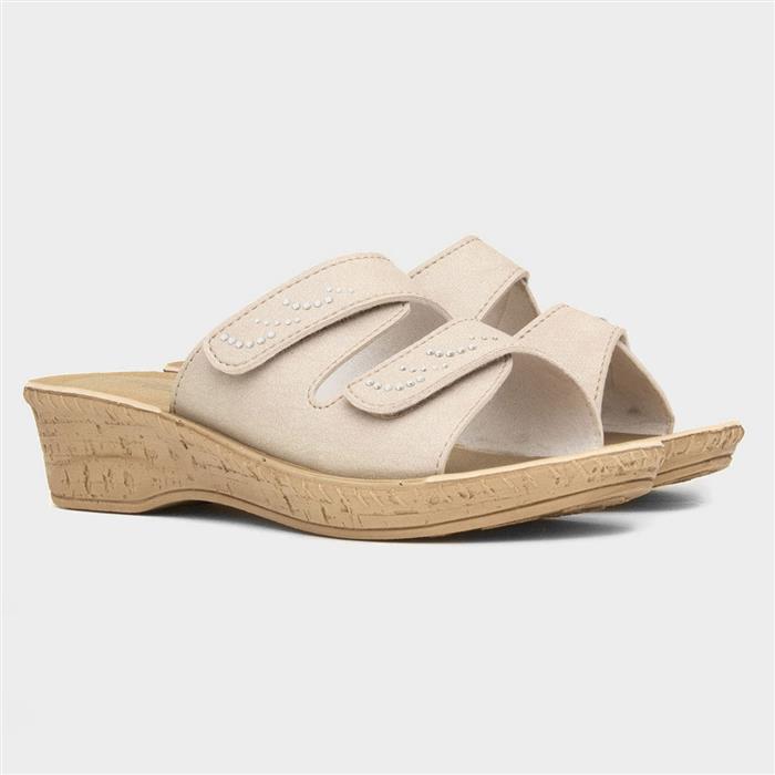 Womens Beige Wedge Diamante Mule Sandal