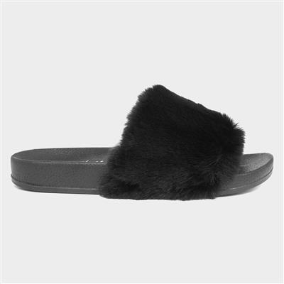 Womens Black Faux Fur Slider Sandal