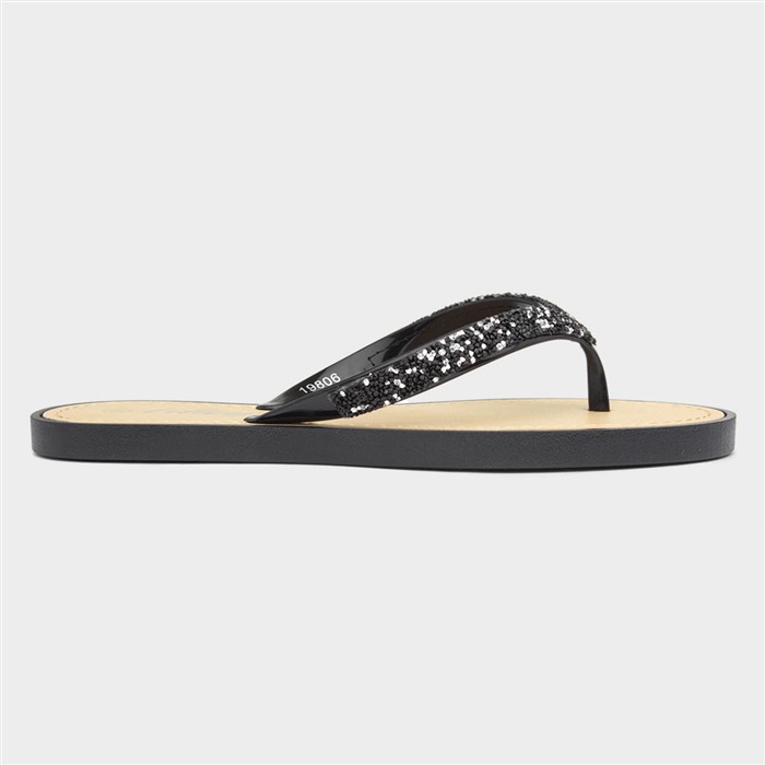 Womens Black Diamante Toe Post Sandals