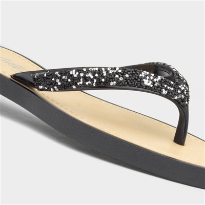 Womens Black Diamante Toe Post Sandals