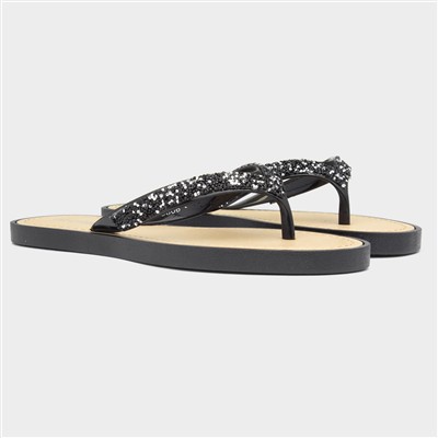 Womens Black Diamante Toe Post Sandals