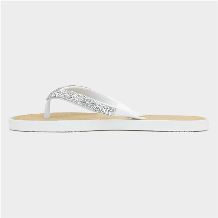 Womens White Diamante Toe Post Sandal