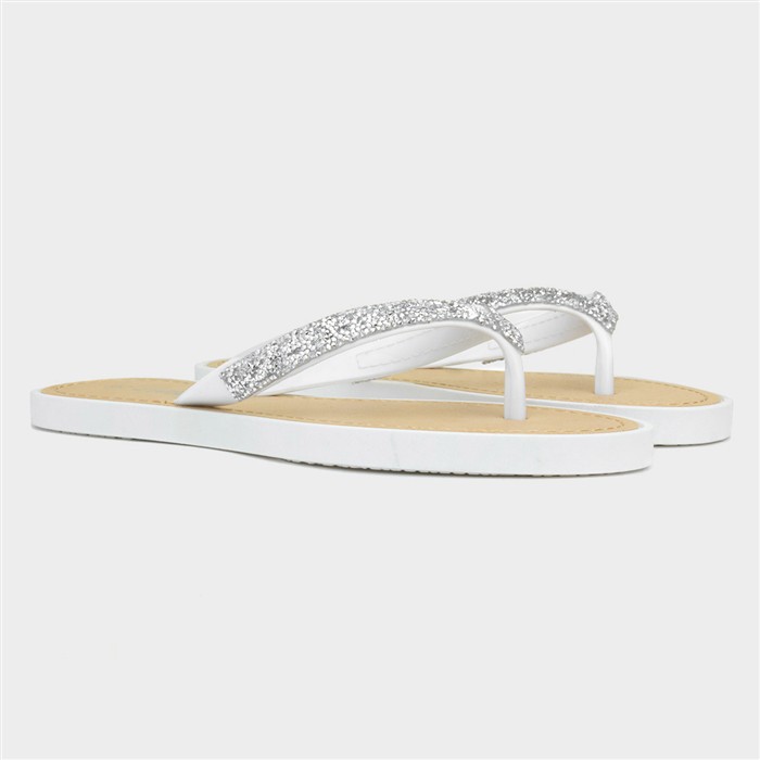 Womens White Diamante Toe Post Sandal