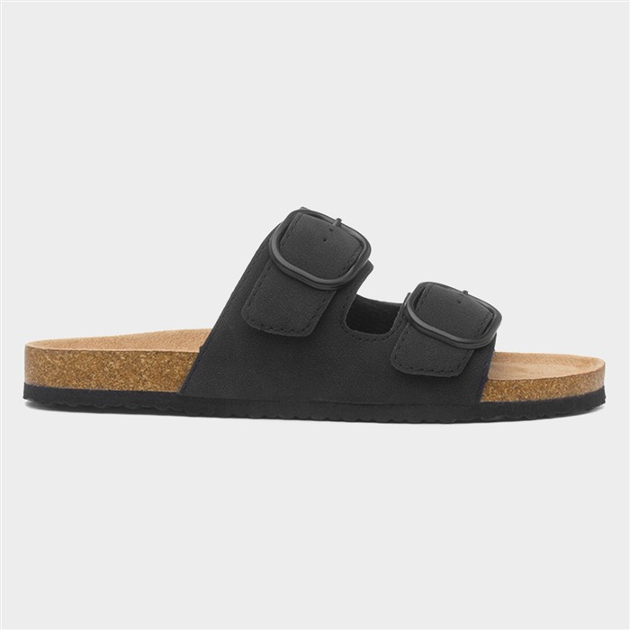 Womens Black Double Buckle Mule Sandal