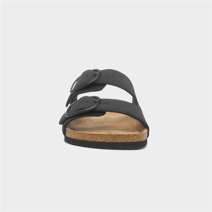 Womens Black Double Buckle Mule Sandal