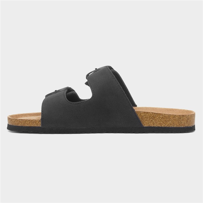 Womens Black Double Buckle Mule Sandal