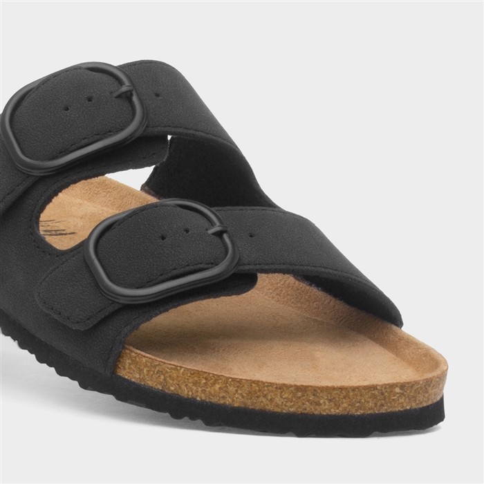 Womens Black Double Buckle Mule Sandal