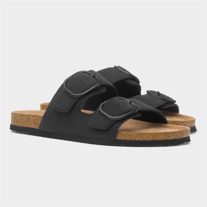 Womens Black Double Buckle Mule Sandal