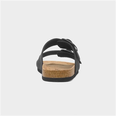 Womens Black Double Buckle Mule Sandal