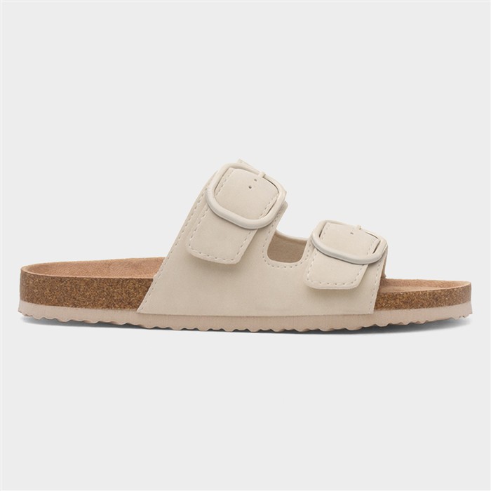 Womens Cream Double Buckle Mule Sandal