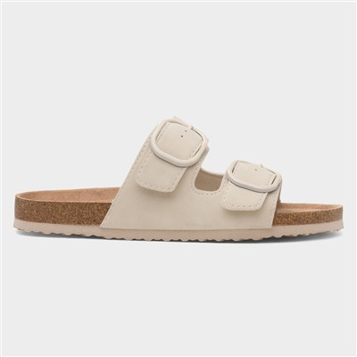 Womens Cream Double Buckle Mule Sandal