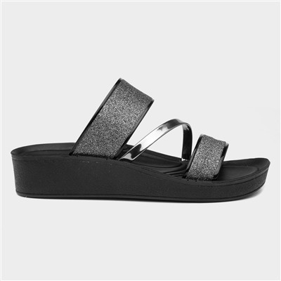 Womens Black Glitter Wedge Mule Sandal