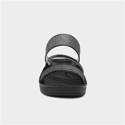 Womens Black Glitter Wedge Mule Sandal