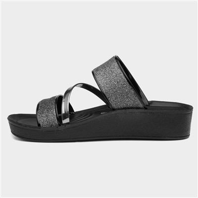 Womens Black Glitter Wedge Mule Sandal