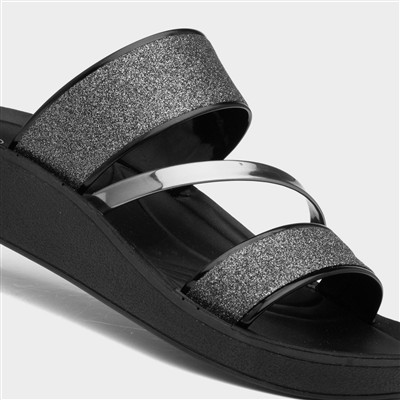 Womens Black Glitter Wedge Mule Sandal