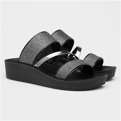 Womens Black Glitter Wedge Mule Sandal