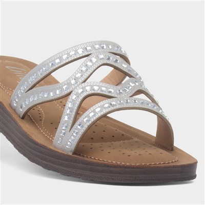 Womens Silver Diamante Mule Slip On Sandal