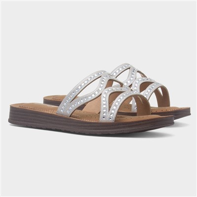 Womens Silver Diamante Mule Slip On Sandal