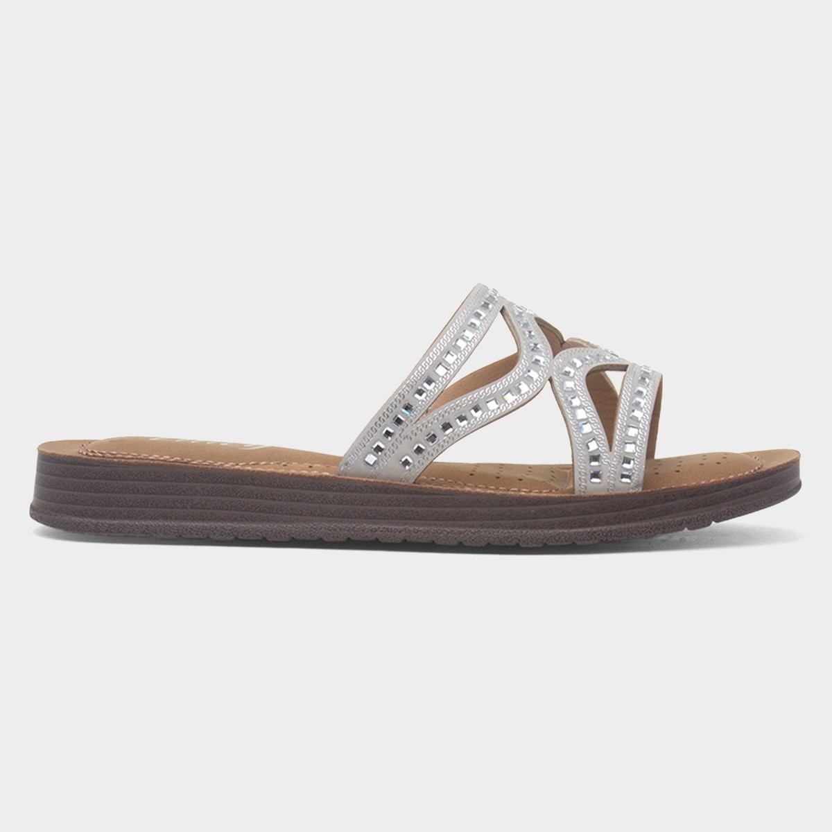 Womens Silver Diamante Mule Slip On Sandal
