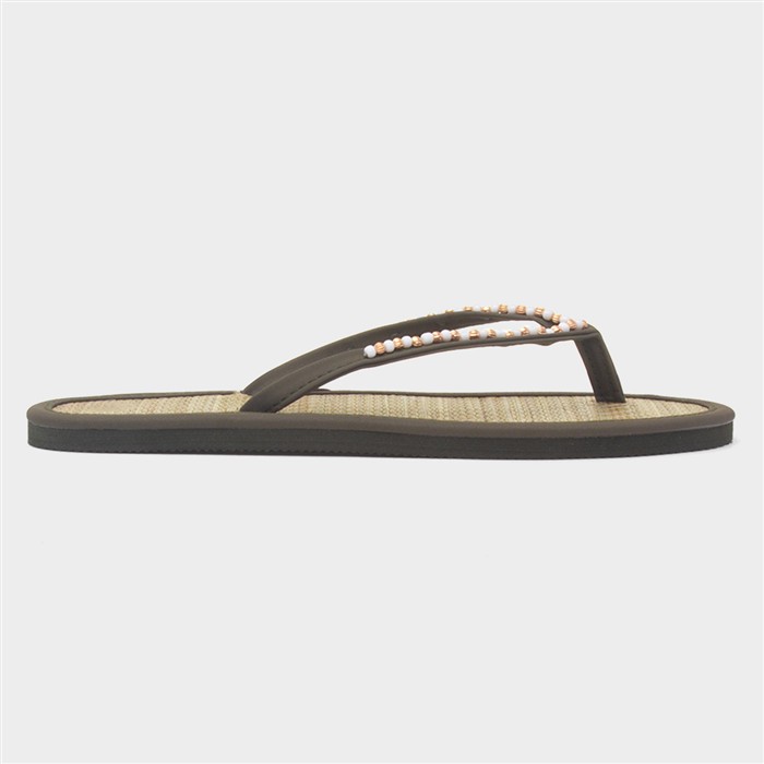 Womens Khaki Beaded Toe Post Flat Sandal