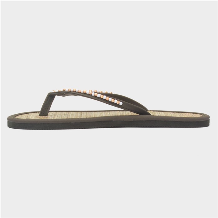 Womens Khaki Beaded Toe Post Flat Sandal