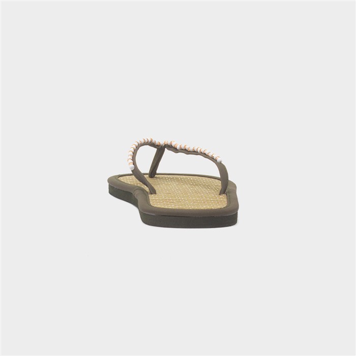 Womens Khaki Beaded Toe Post Flat Sandal