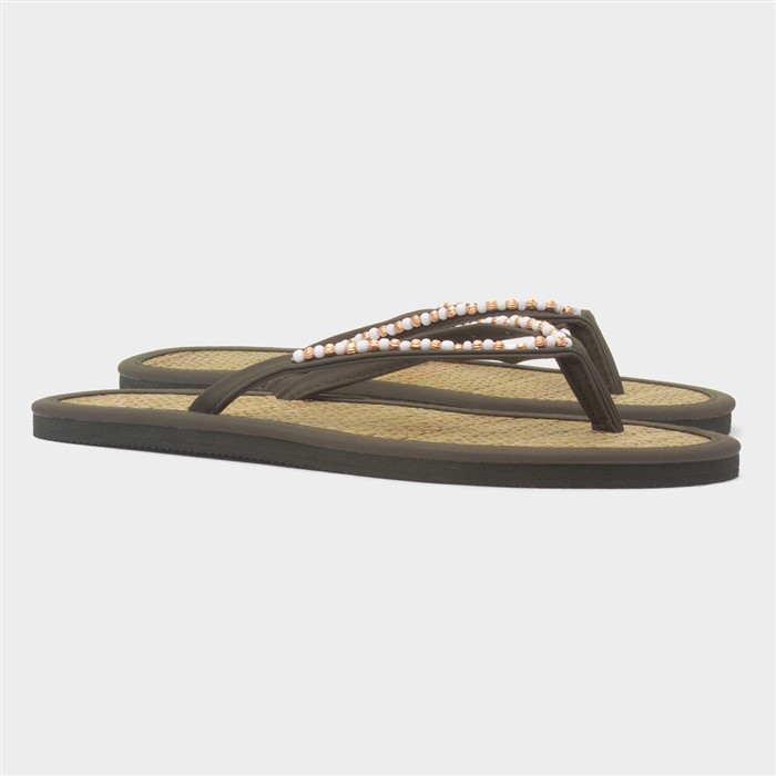 Womens Khaki Beaded Toe Post Flat Sandal