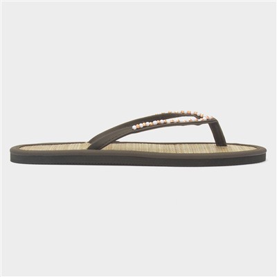 Womens Khaki Beaded Toe Post Flat Sandal