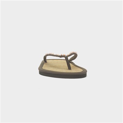Womens Khaki Beaded Toe Post Flat Sandal