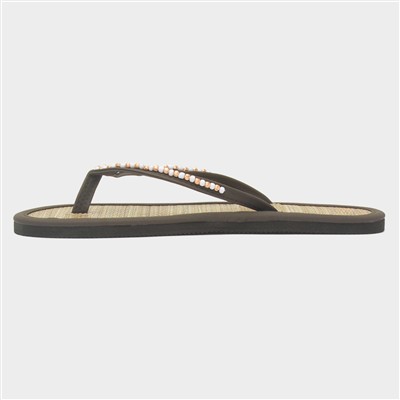 Womens Khaki Beaded Toe Post Flat Sandal