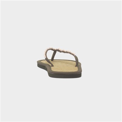 Womens Khaki Beaded Toe Post Flat Sandal