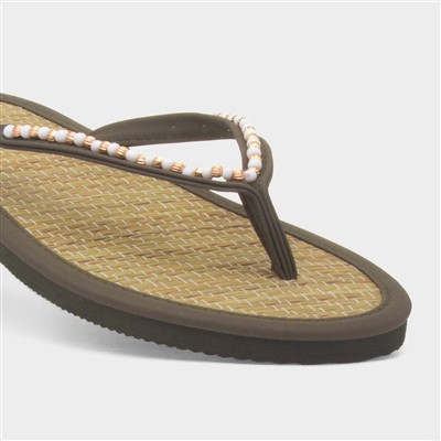 Womens Khaki Beaded Toe Post Flat Sandal