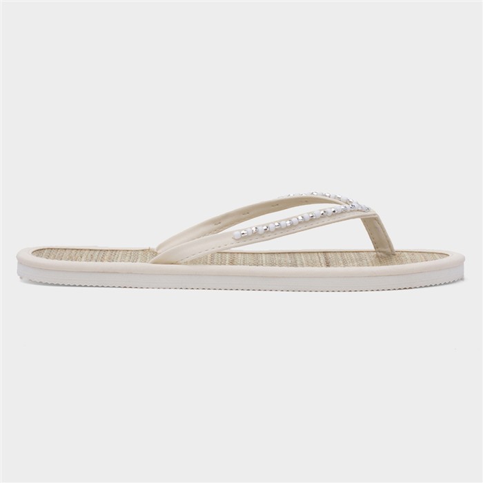 Womens White Beaded Toe Post Flat Sandal