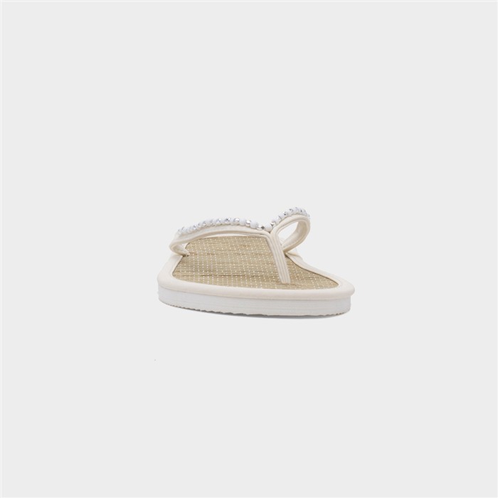 Womens White Beaded Toe Post Flat Sandal